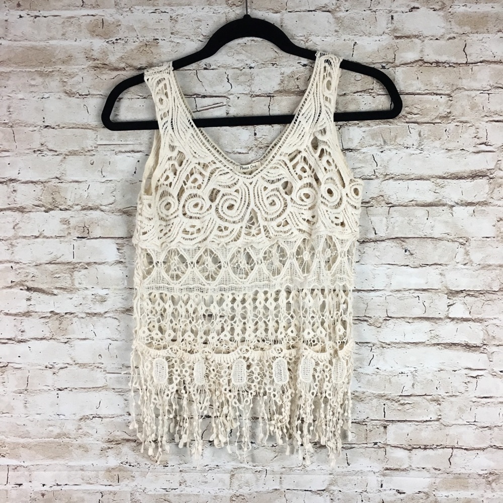 Phase One crochet lace tan top sz M fringe womens